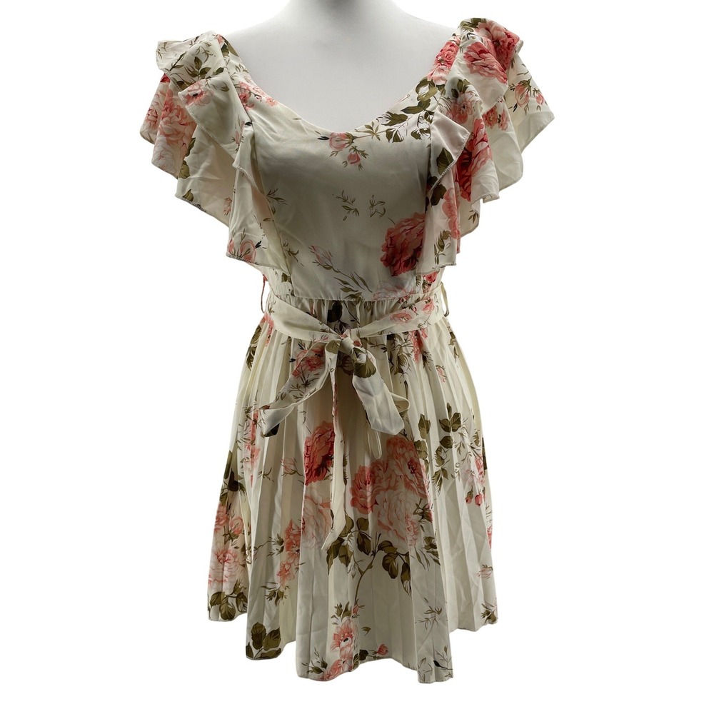 Floral Ruffle Mini Dress Womens 4 Small Cream Pink Cottagecore Romantic Garden